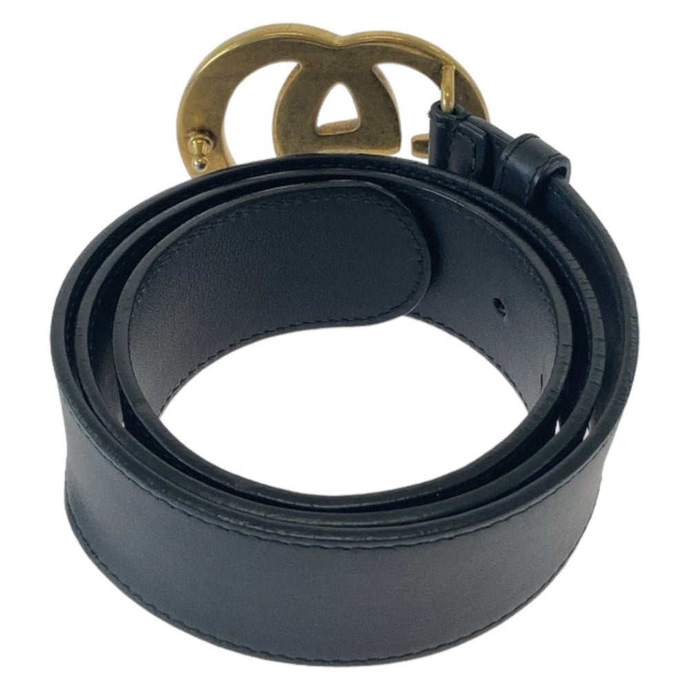 GUCCI belt 400593 leather Black Gold Metal GG Marmont mens 30 Used Authentic