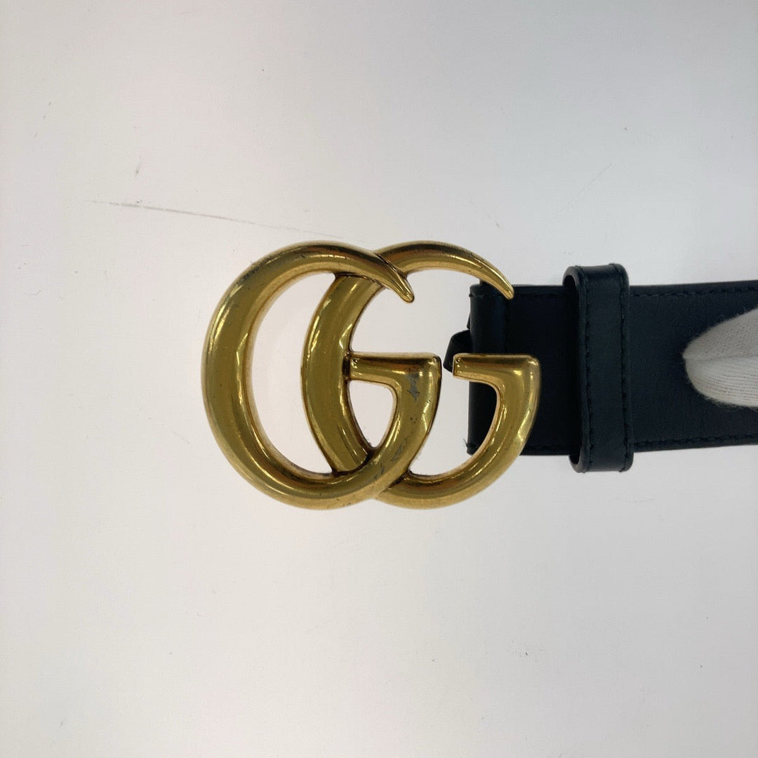 GUCCI belt 400593 leather Black Gold Metal GG Marmont mens 30 Used Authentic