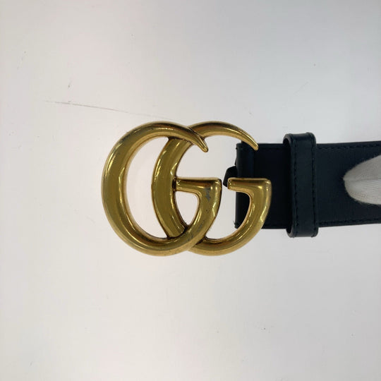 GUCCI belt 400593 leather Black Gold Metal GG Marmont mens 30 Used Authentic