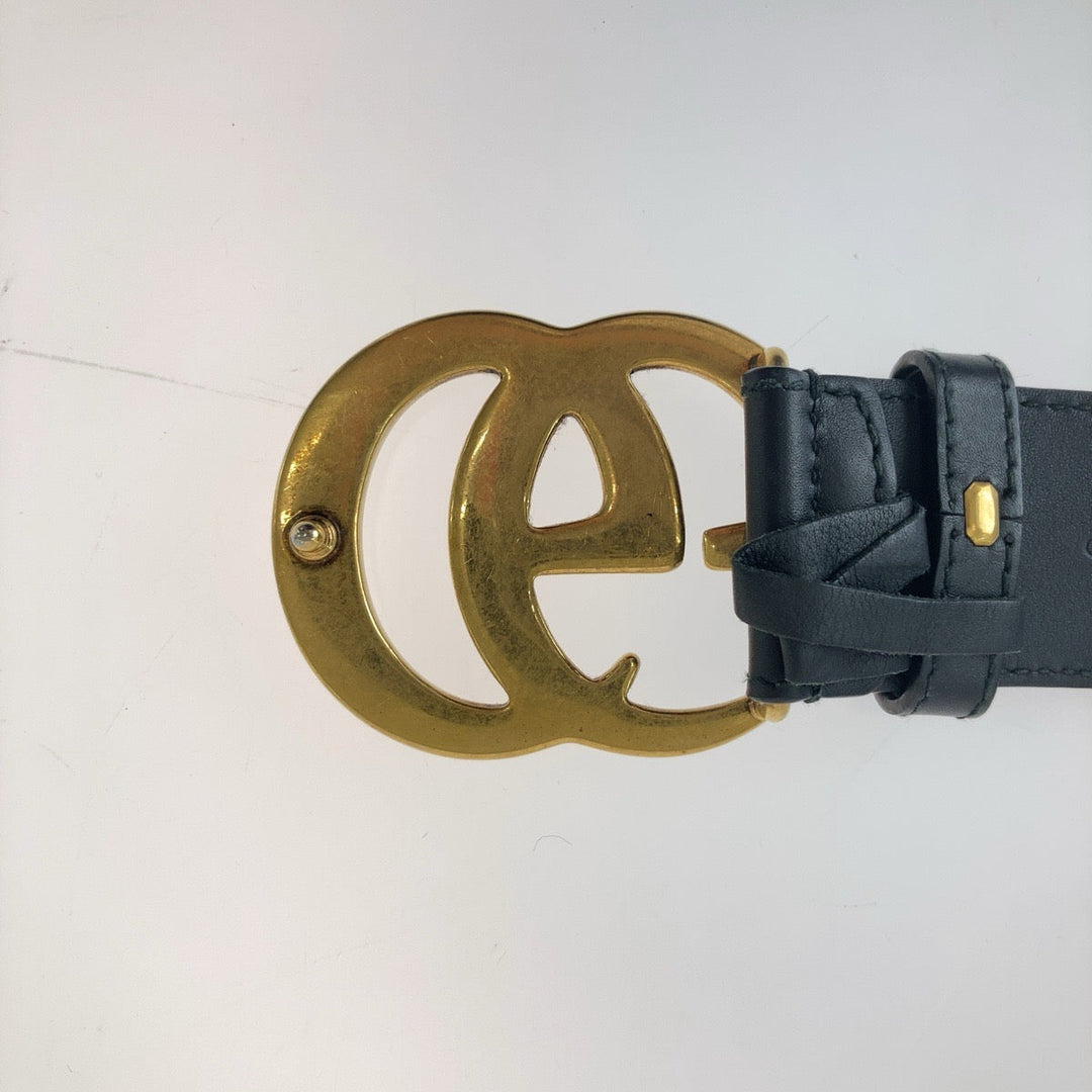 GUCCI belt 400593 leather Black Gold Metal GG Marmont mens 30 Used Authentic