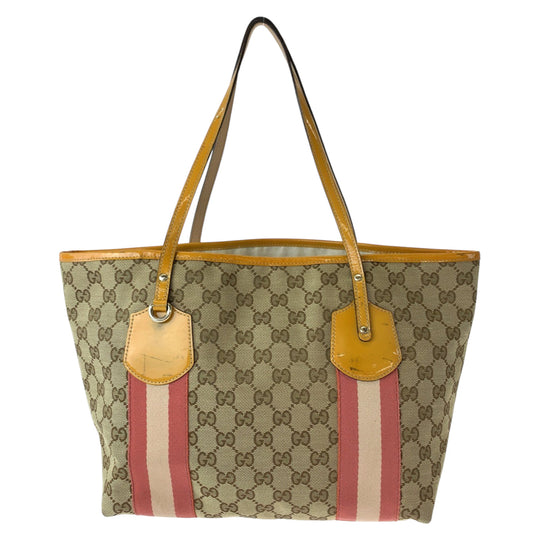 GUCCI Tote Bag 211972 GG canvas Beige Orange Gold Metal Tote Bag Shoulder Bag Sherry line Women Used Authentic