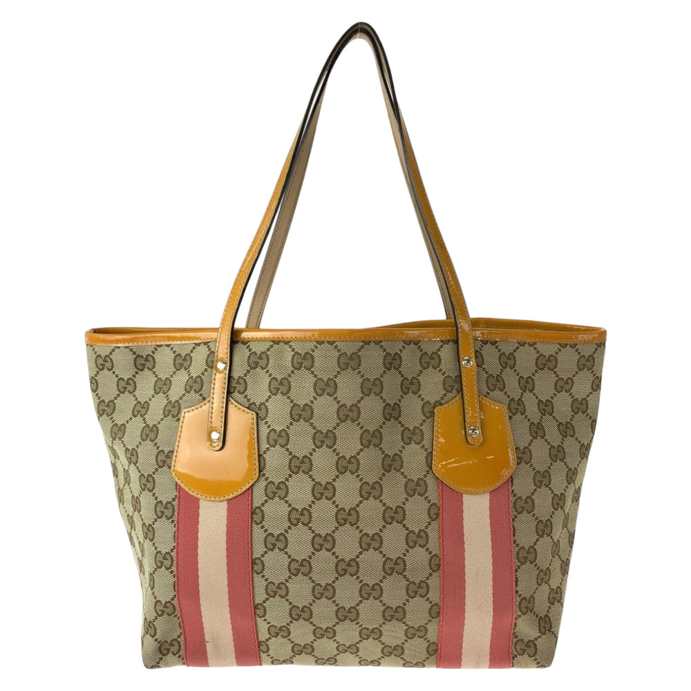 GUCCI Tote Bag 211972 GG canvas Beige Orange Gold Metal Tote Bag Shoulder Bag Sherry line Women Used Authentic