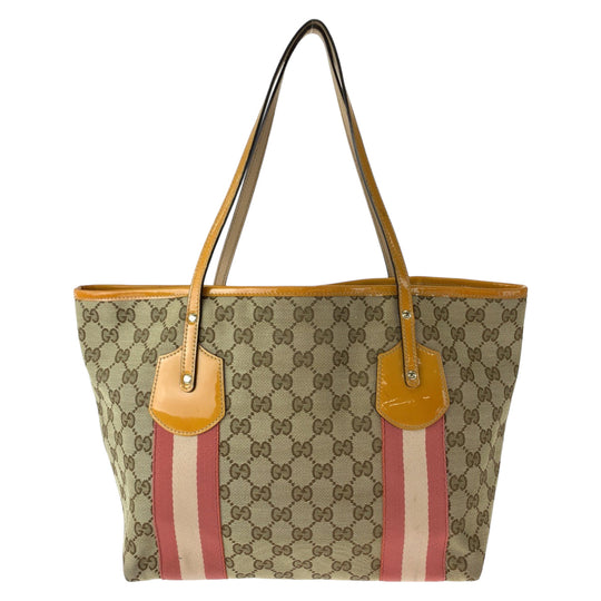 GUCCI Tote Bag 211972 GG canvas Beige Orange Gold Metal Tote Bag Shoulder Bag Sherry line Women Used Authentic