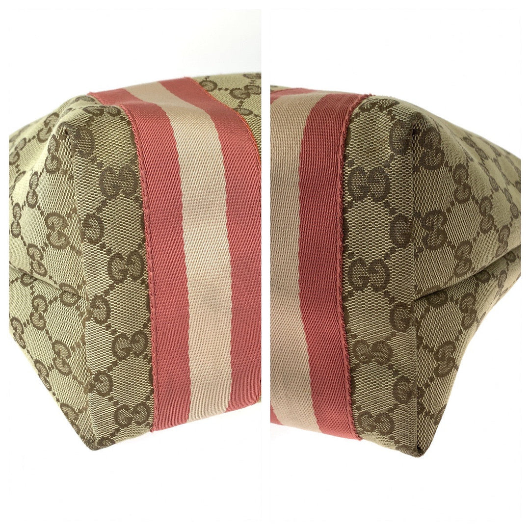 GUCCI Tote Bag 211972 GG canvas Beige Orange Gold Metal Tote Bag Shoulder Bag Sherry line Women Used Authentic