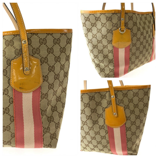GUCCI Tote Bag 211972 GG canvas Beige Orange Gold Metal Tote Bag Shoulder Bag Sherry line Women Used Authentic