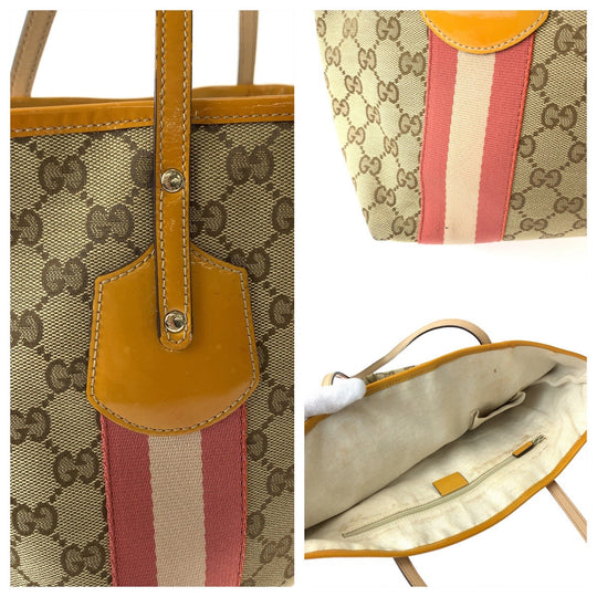 GUCCI Tote Bag 211972 GG canvas Beige Orange Gold Metal Tote Bag Shoulder Bag Sherry line Women Used Authentic