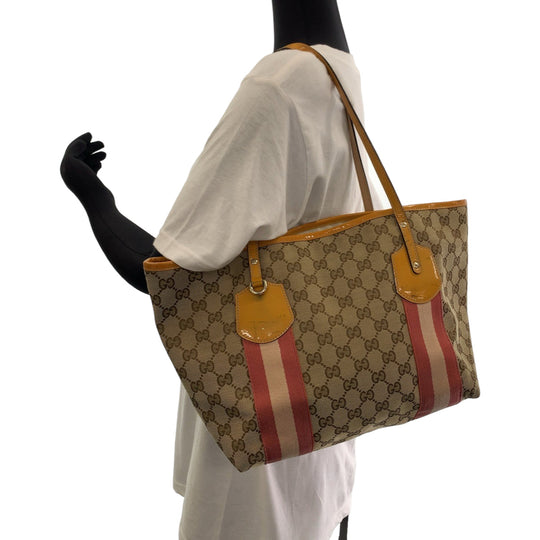 GUCCI Tote Bag 211972 GG canvas Beige Orange Gold Metal Tote Bag Shoulder Bag Sherry line Women Used Authentic