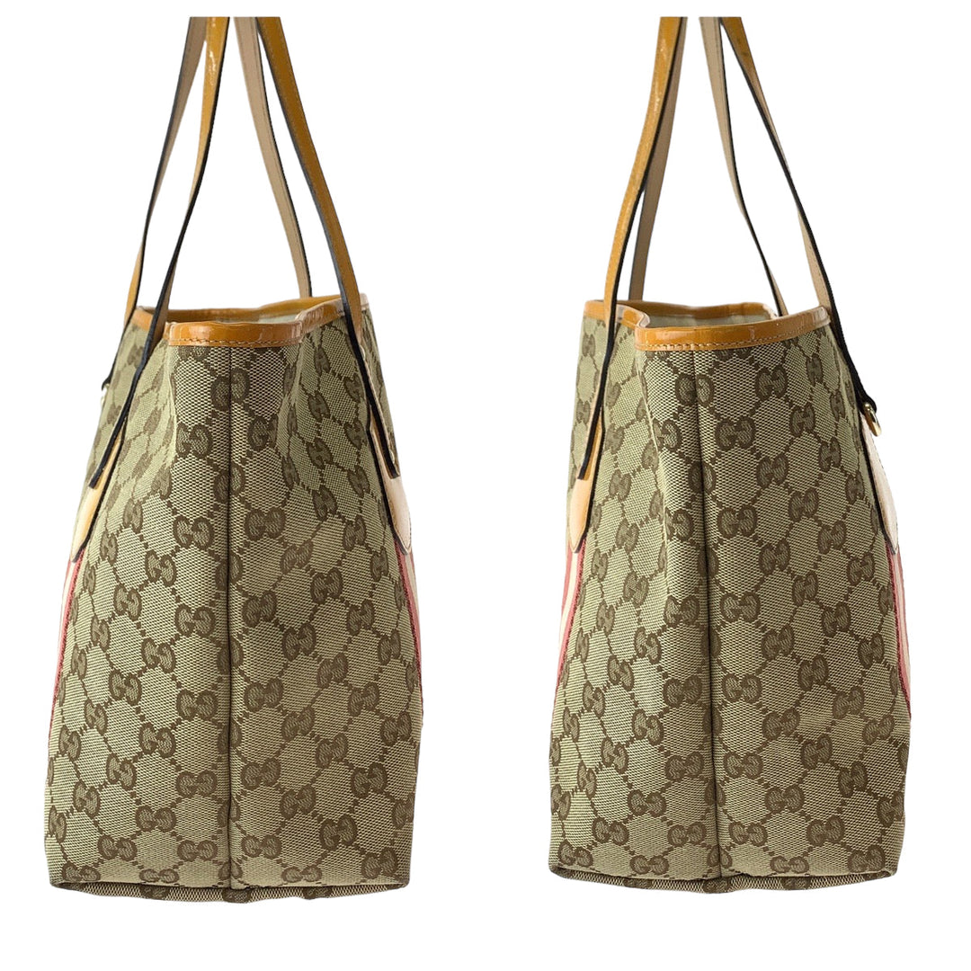 GUCCI Tote Bag 211972 GG canvas Beige Orange Gold Metal Tote Bag Shoulder Bag Sherry line Women Used Authentic