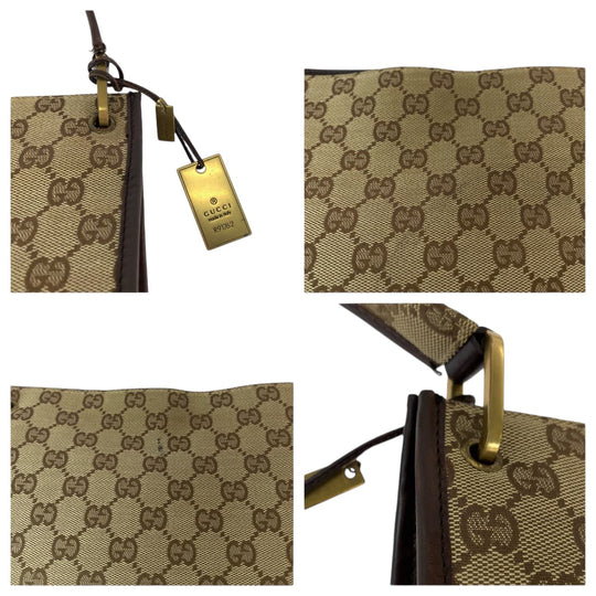 GUCCI Shoulder Bag 91762 GG canvas Beige Brown Gold Metal Shoulder Bag pochette Plate charm Women Used Authentic