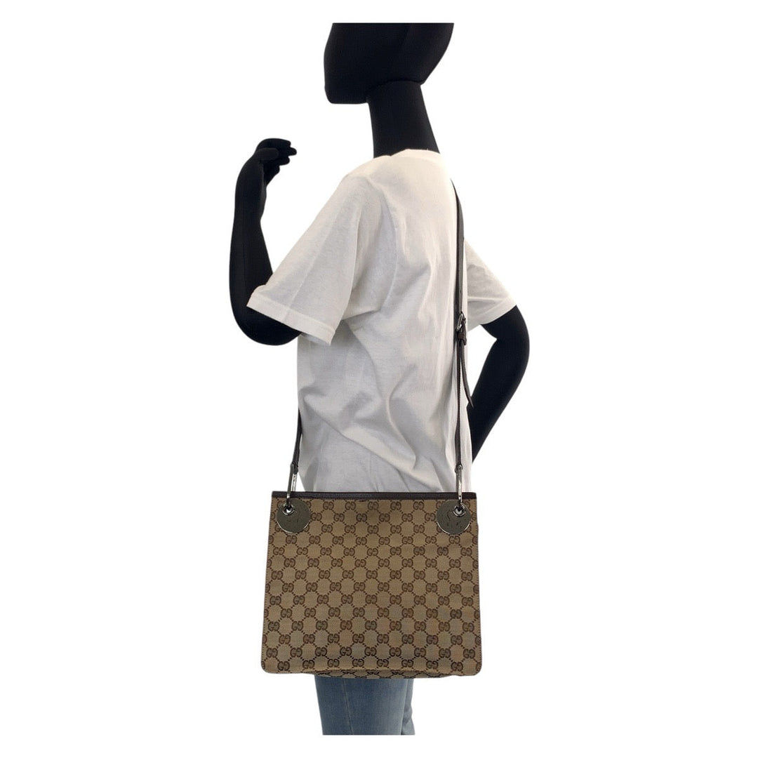 GUCCI Shoulder Bag 120841 GG canvas, leather Brown Silver Metal Shoulder Bag pochette Women Used Authentic