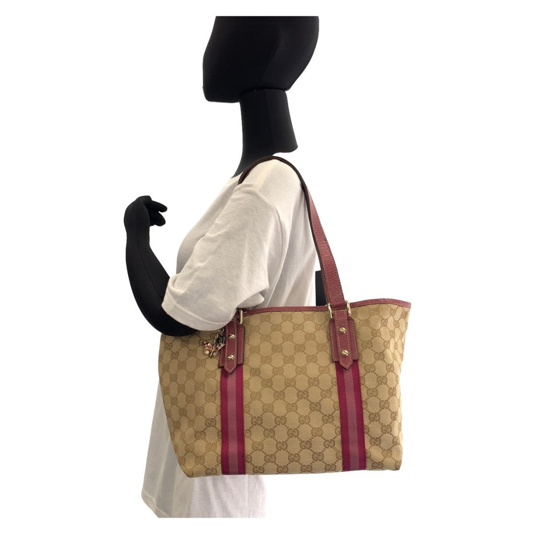 GUCCI Tote Bag 137396 GG canvas, leather Beige Pink Gold Metal Tote Bag Handbag Shoulder Bag Sherry GG pattern Women Used Authentic