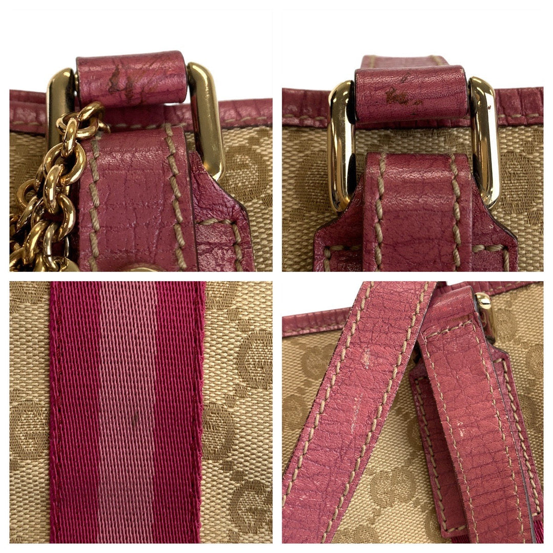 GUCCI Tote Bag 137396 GG canvas, leather Beige Pink Gold Metal Tote Bag Handbag Shoulder Bag Sherry GG pattern Women Used Authentic