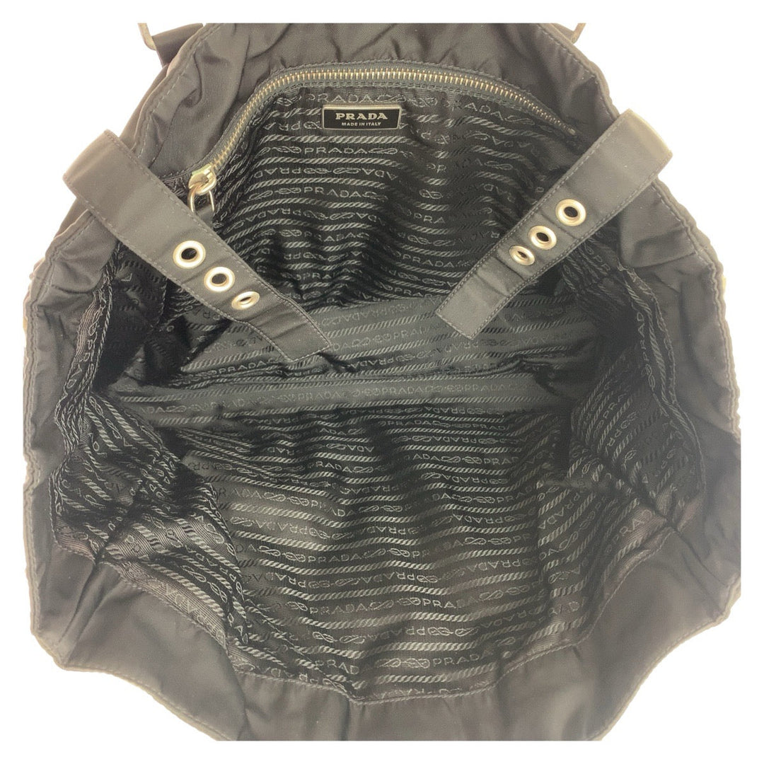PRADA Tote Bag Nylon Black SilverMetal Tote Bag Shoulder Bag Test Triangle With logo Women Used Authentic
