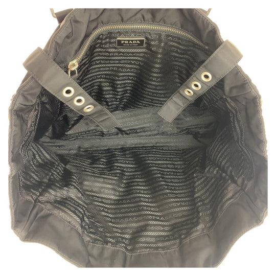 PRADA Tote Bag Nylon Black SilverMetal Tote Bag Shoulder Bag Test Triangle With logo Women Used Authentic