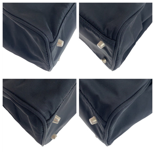 PRADA Tote Bag Nylon Black SilverMetal Tote Bag Shoulder Bag Test Triangle With logo Women Used Authentic