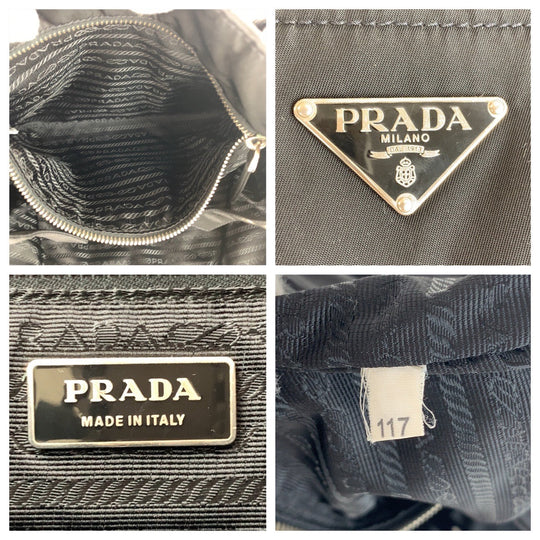 PRADA Tote Bag Nylon Black SilverMetal Tote Bag Shoulder Bag Test Triangle With logo Women Used Authentic