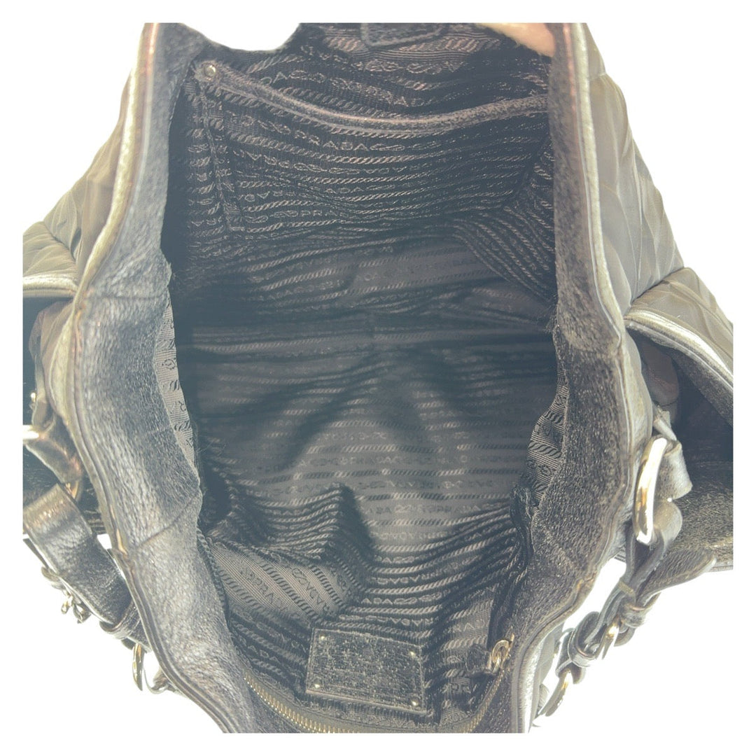 PRADA Shoulder Bag Nylon, Leather Black SilverMetal Hobo Shoulder Bag Tessuto Wrinkled Triangle With logo Women Used Authentic
