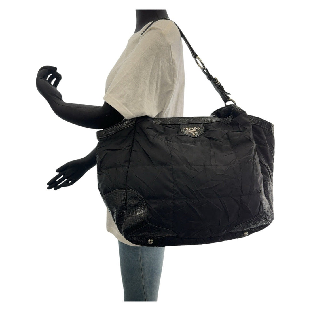 PRADA Shoulder Bag Nylon, Leather Black SilverMetal Hobo Shoulder Bag Tessuto Wrinkled Triangle With logo Women Used Authentic