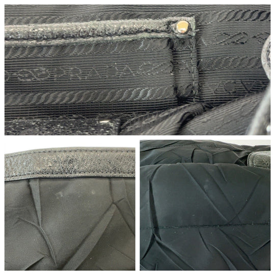PRADA Shoulder Bag Nylon, Leather Black SilverMetal Hobo Shoulder Bag Tessuto Wrinkled Triangle With logo Women Used Authentic