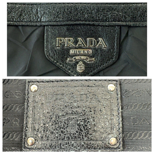 PRADA Shoulder Bag Nylon, Leather Black SilverMetal Hobo Shoulder Bag Tessuto Wrinkled Triangle With logo Women Used Authentic