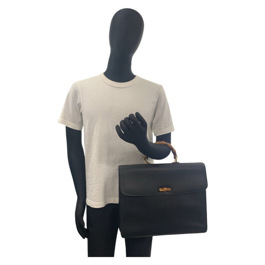GUCCI Business bag 015.1046.3304 leather Black GoldMetal Business bag briefcase A4 compatible Bamboo Old Gucci mens Used Authentic