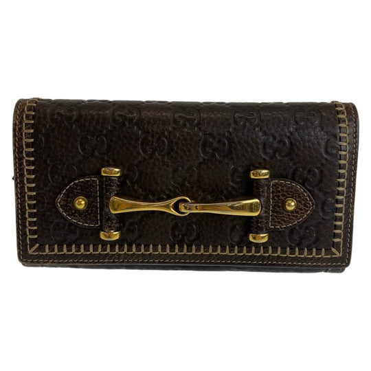 GUCCI Long Wallet Purse leather Brown Gold Metal Long Wallet Purse Long wallet unisex Horsebit Guccisima Women Used Authentic