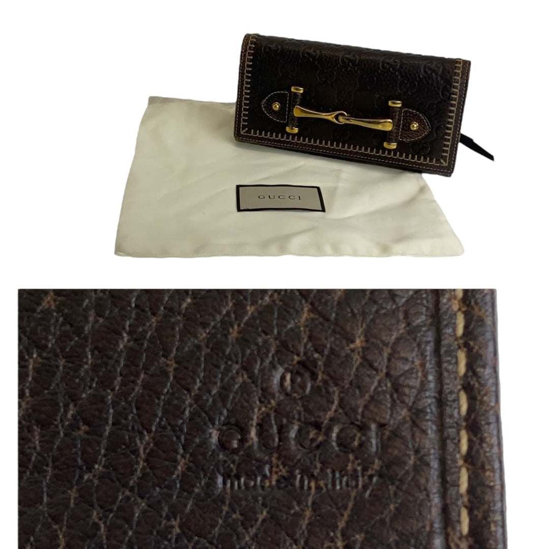 GUCCI Long Wallet Purse leather Brown Gold Metal Long Wallet Purse Long wallet unisex Horsebit Guccisima Women Used Authentic