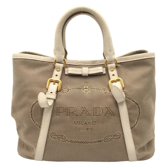 PRADA Tote Bag canvas Beige Gold Metal Tote Bag handbag Logo jacquard Women Used Authentic
