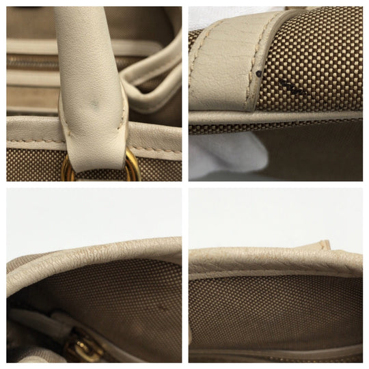 PRADA Tote Bag canvas Beige Gold Metal Tote Bag handbag Logo jacquard Women Used Authentic