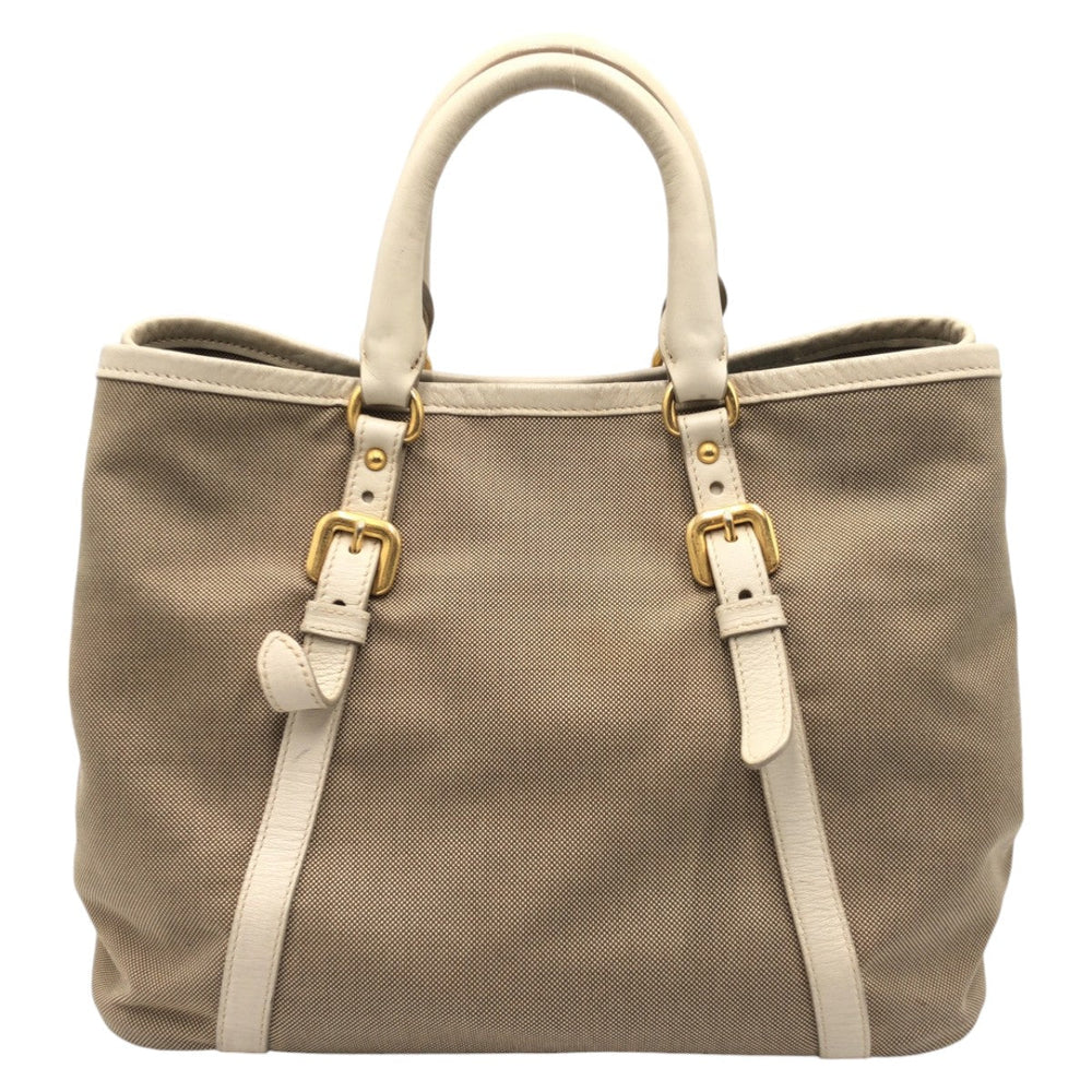 PRADA Tote Bag canvas Beige Gold Metal Tote Bag handbag Logo jacquard Women Used Authentic
