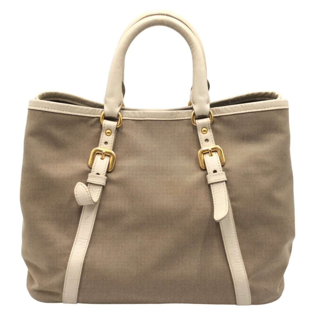 PRADA Tote Bag canvas Beige Gold Metal Tote Bag handbag Logo jacquard Women Used Authentic