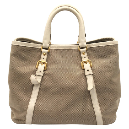PRADA Tote Bag canvas Beige Gold Metal Tote Bag handbag Logo jacquard Women Used Authentic