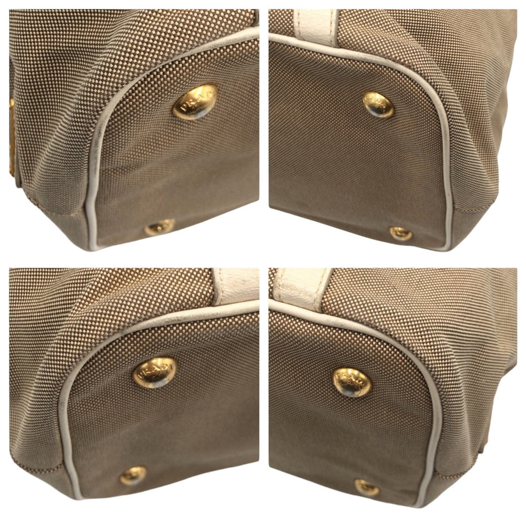 PRADA Tote Bag canvas Beige Gold Metal Tote Bag handbag Logo jacquard Women Used Authentic