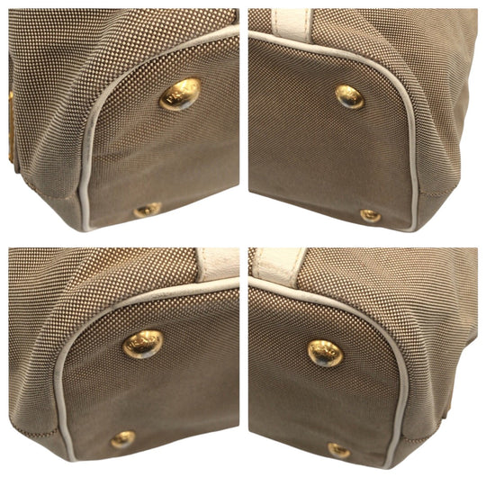 PRADA Tote Bag canvas Beige Gold Metal Tote Bag handbag Logo jacquard Women Used Authentic