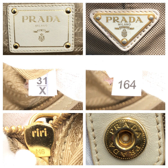 PRADA Tote Bag canvas Beige Gold Metal Tote Bag handbag Logo jacquard Women Used Authentic