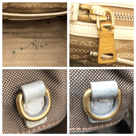 PRADA Tote Bag canvas Beige Gold Metal Tote Bag handbag Logo jacquard Women Used Authentic