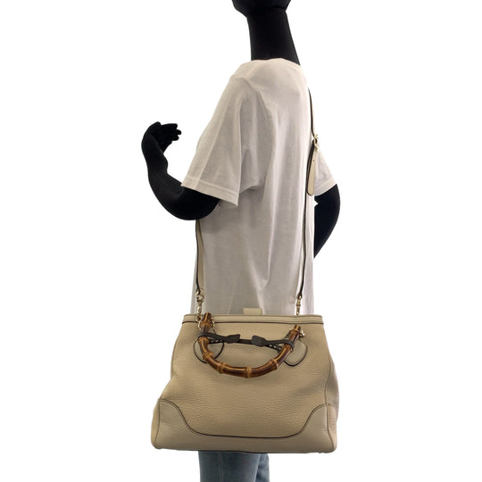 GUCCI Shoulder Bag 308360 leather Ivory Brown Gold Metal Shoulder Bag handbag Bamboo Women Used Authentic