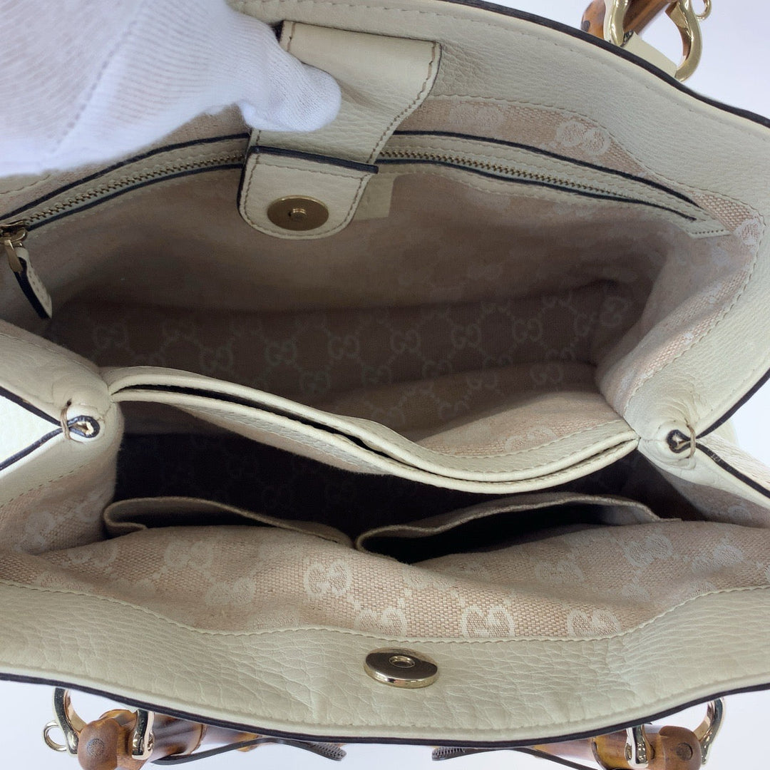 GUCCI Shoulder Bag 308360 leather Ivory Brown Gold Metal Shoulder Bag handbag Bamboo Women Used Authentic