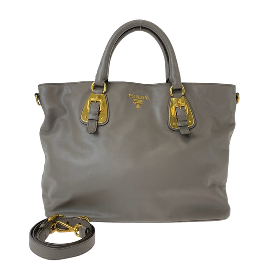 PRADA Tote Bag leather Gray Greige Gold Metal Tote Bag Shoulder Bag Women Used Authentic