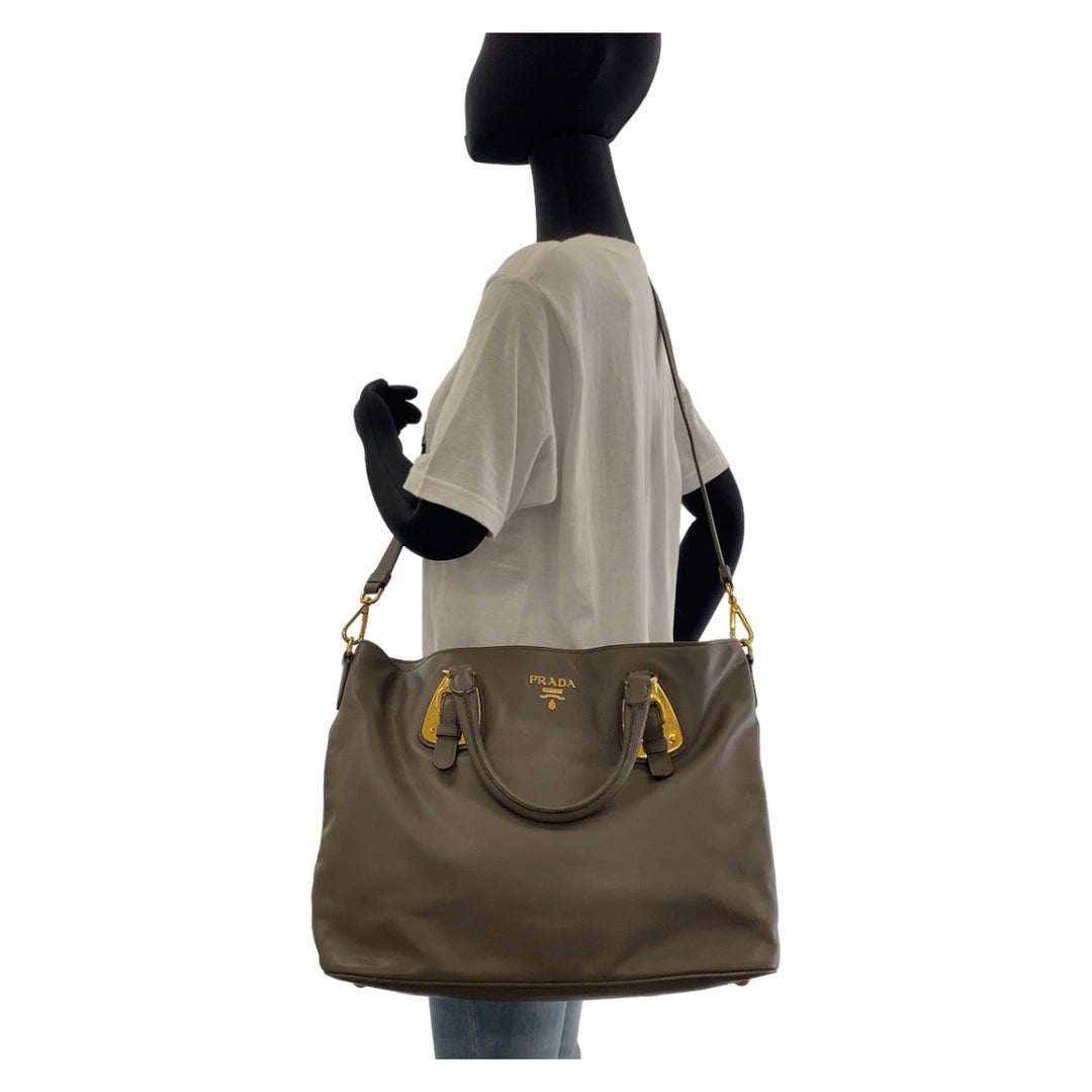 PRADA Tote Bag leather Gray Greige Gold Metal Tote Bag Shoulder Bag Women Used Authentic