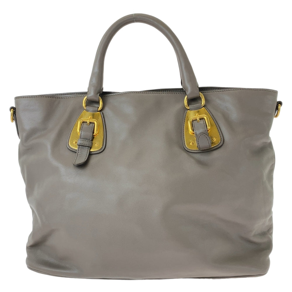PRADA Tote Bag leather Gray Greige Gold Metal Tote Bag Shoulder Bag Women Used Authentic