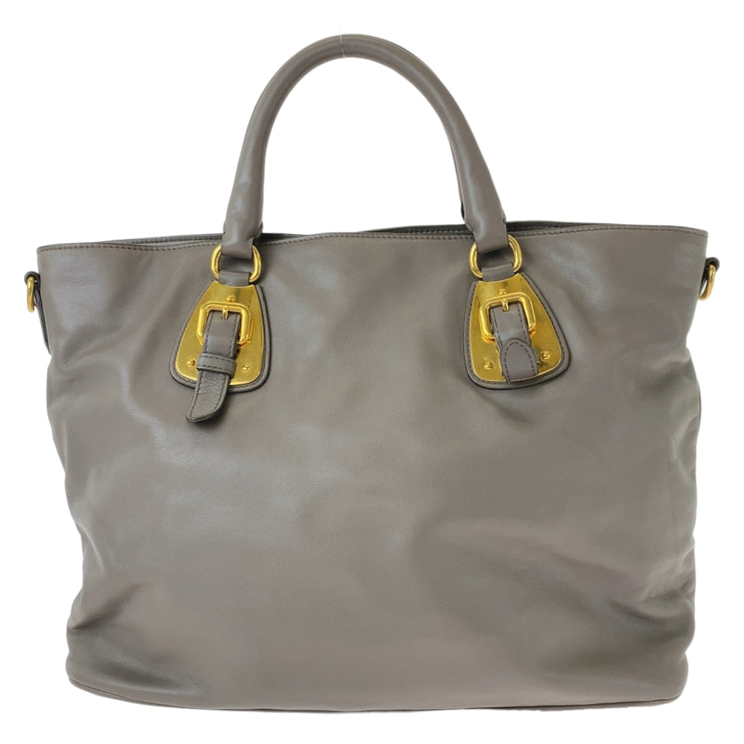 PRADA Tote Bag leather Gray Greige Gold Metal Tote Bag Shoulder Bag Women Used Authentic