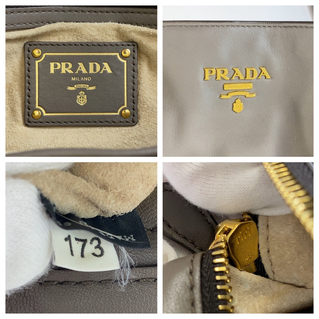 PRADA Tote Bag leather Gray Greige Gold Metal Tote Bag Shoulder Bag Women Used Authentic