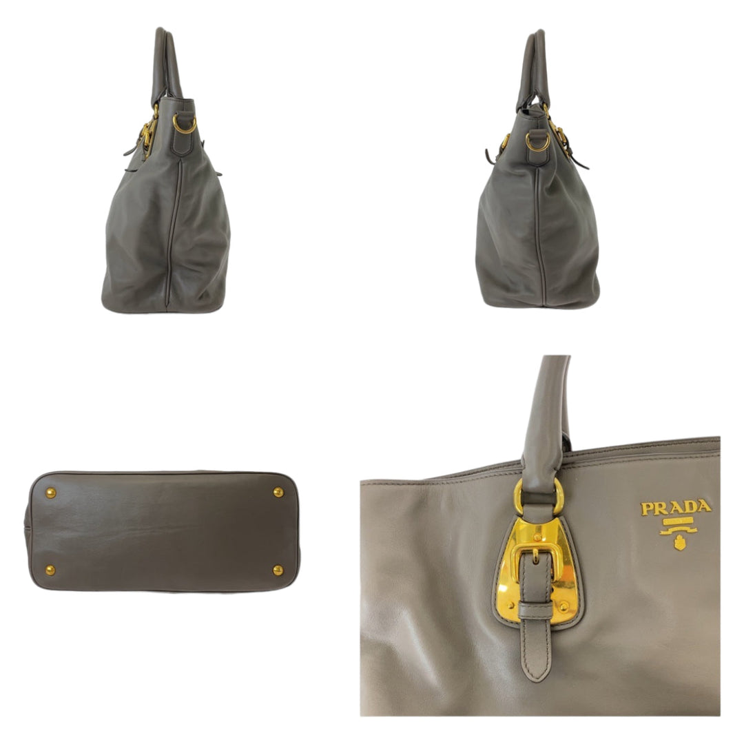 PRADA Tote Bag leather Gray Greige Gold Metal Tote Bag Shoulder Bag Women Used Authentic