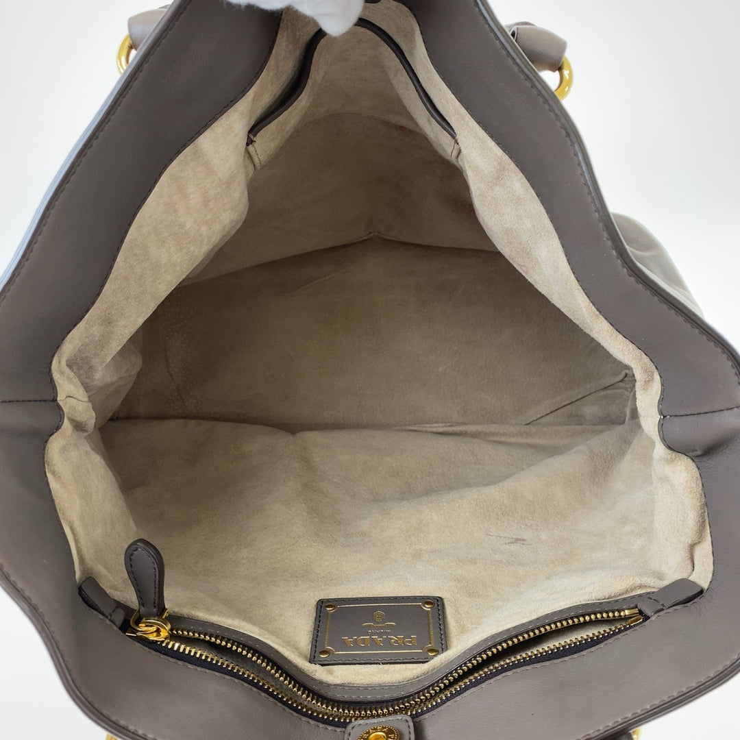 PRADA Tote Bag leather Gray Greige Gold Metal Tote Bag Shoulder Bag Women Used Authentic