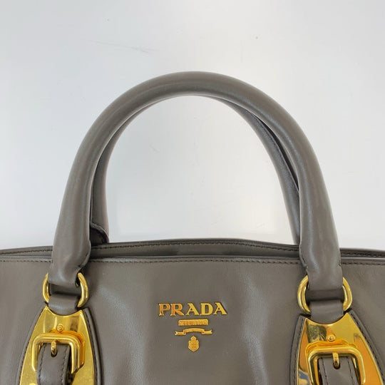 PRADA Tote Bag leather Gray Greige Gold Metal Tote Bag Shoulder Bag Women Used Authentic