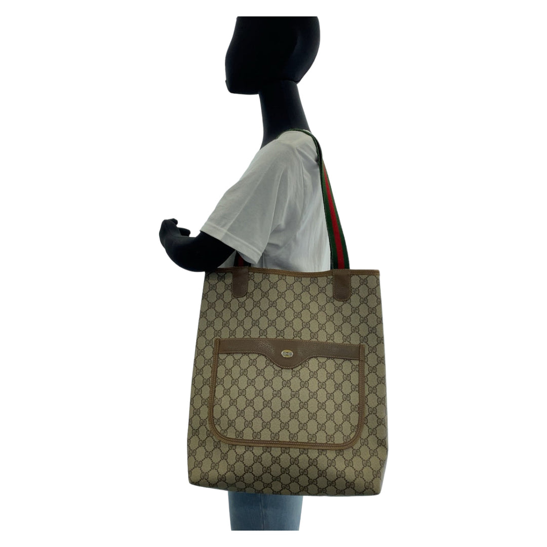 GUCCI Tote Bag 120 02 003 GG Supreme canvas, leather Brown Silver Metal Tote Bag Shoulder Bag Unisex A4 Storage Old Gucci Shelly Line Interlocking Women Used Authentic