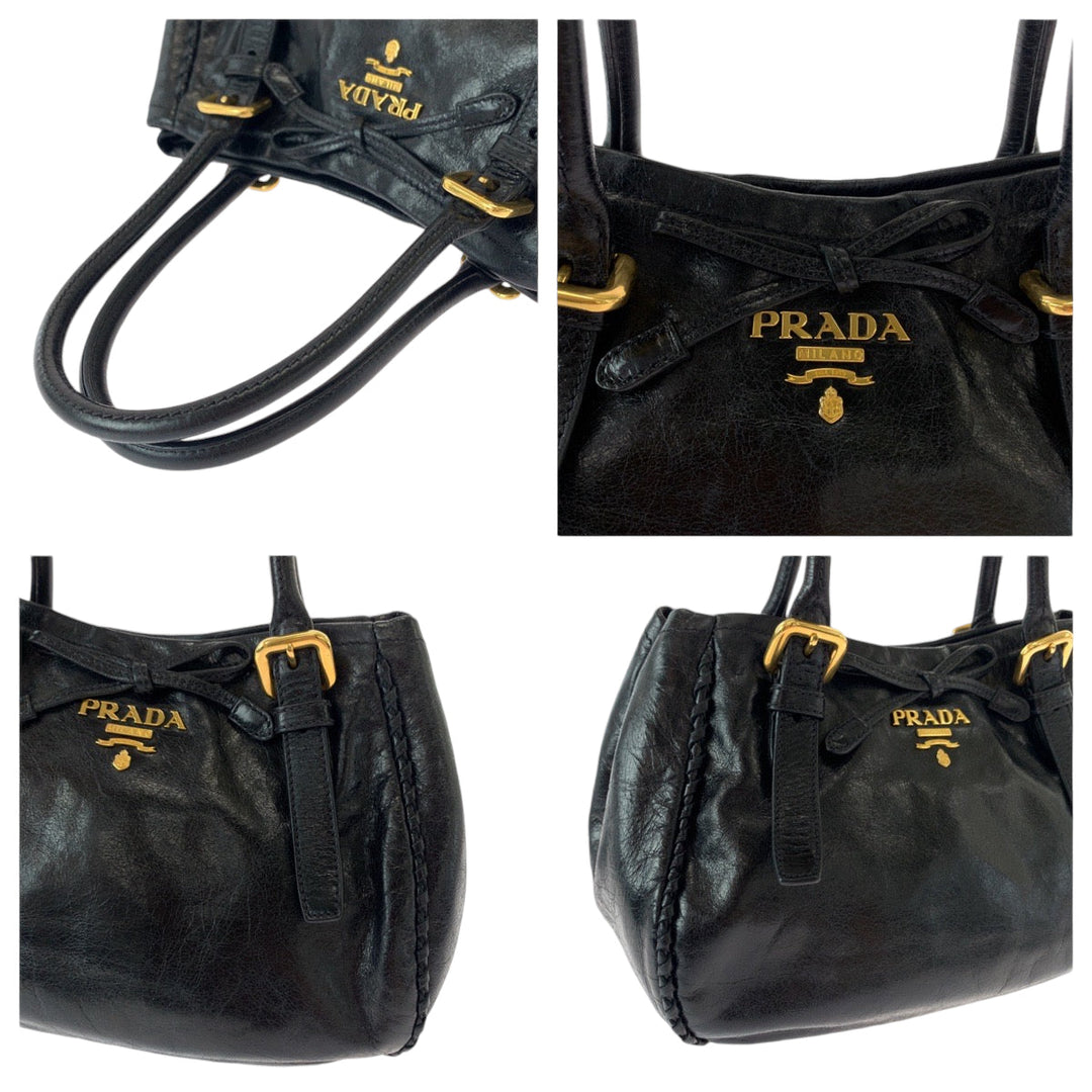 PRADA Tote Bag BN1867 leather Black GoldMetal Tote Bag Shoulder Bag Handbag Vittello Shine ribbon Women Used Authentic