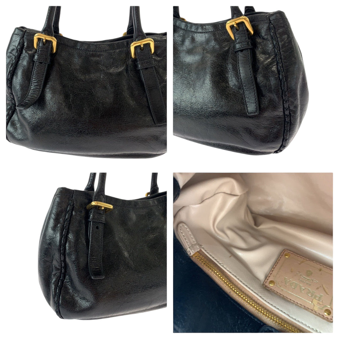 PRADA Tote Bag BN1867 leather Black GoldMetal Tote Bag Shoulder Bag Handbag Vittello Shine ribbon Women Used Authentic