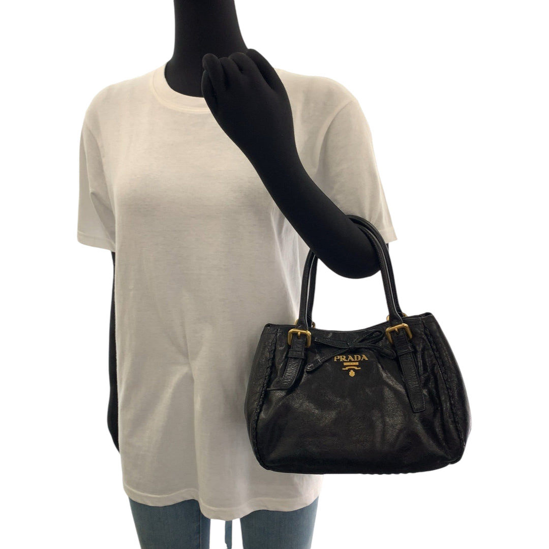 PRADA Tote Bag BN1867 leather Black GoldMetal Tote Bag Shoulder Bag Handbag Vittello Shine ribbon Women Used Authentic